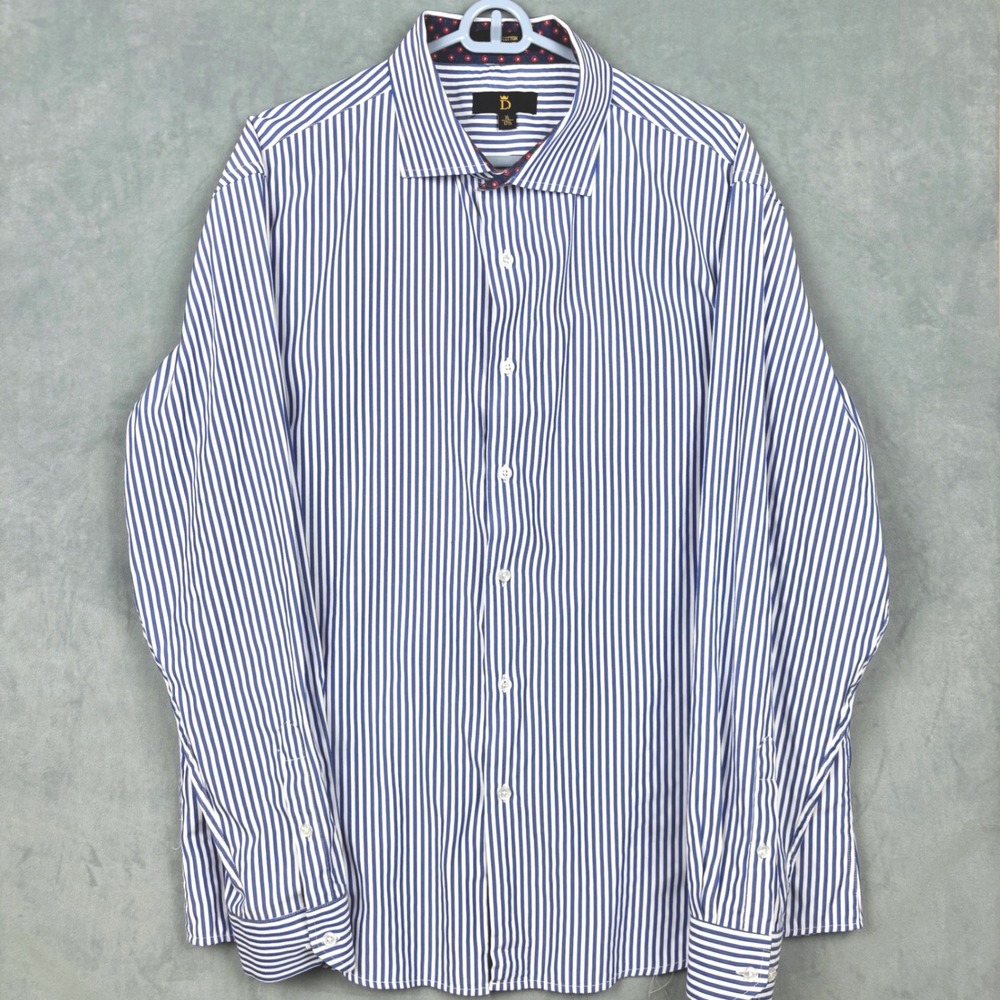 D Brand Mens XL 17.5 Blue White Striped Long Sleeve Cotton Button Up Dress Shirt